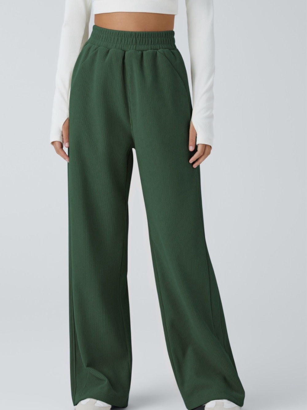 HALARA Forest Green Wide-Leg Ribbed Pants